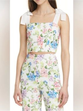 Alice + Olivia White Floral Tie-Strap Crop Top